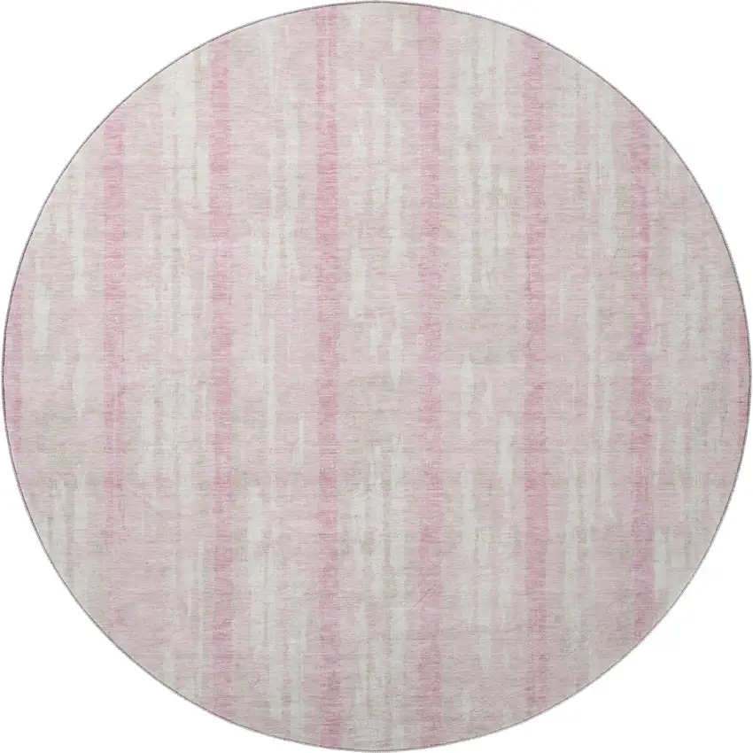 8' Pink And Ivory Striped Washable Round Rug With UV Protection Photo 3