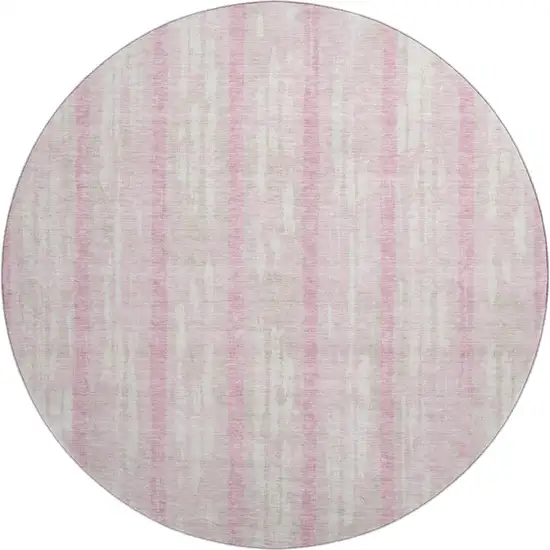 8' Pink And Ivory Striped Washable Round Rug With UV Protection Photo 1