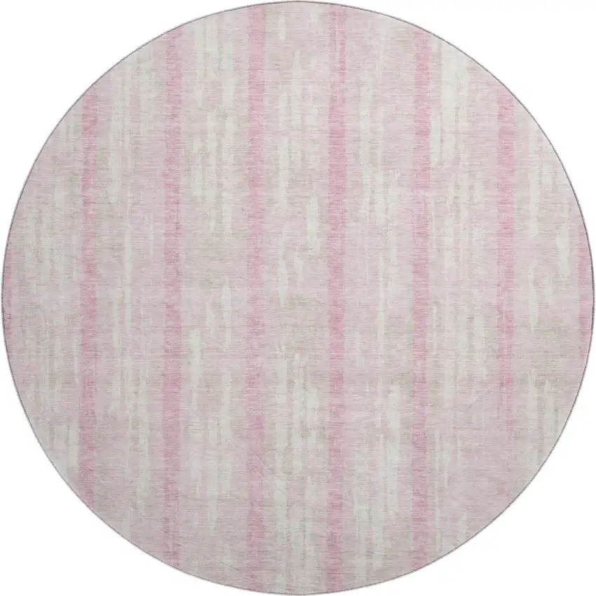 8' Pink And Ivory Striped Washable Round Rug With UV Protection Photo 1