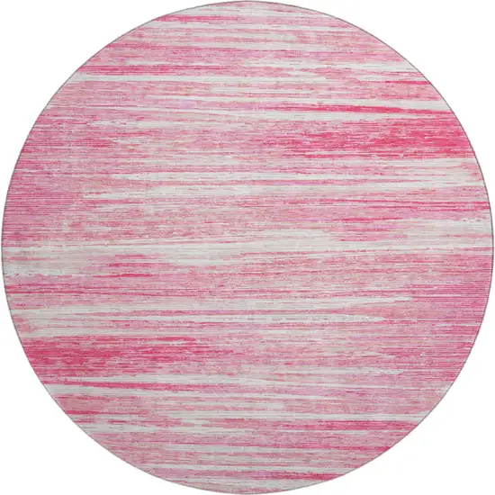8' Pink And Ivory Striped Washable Round Rug With UV Protection Photo 1
