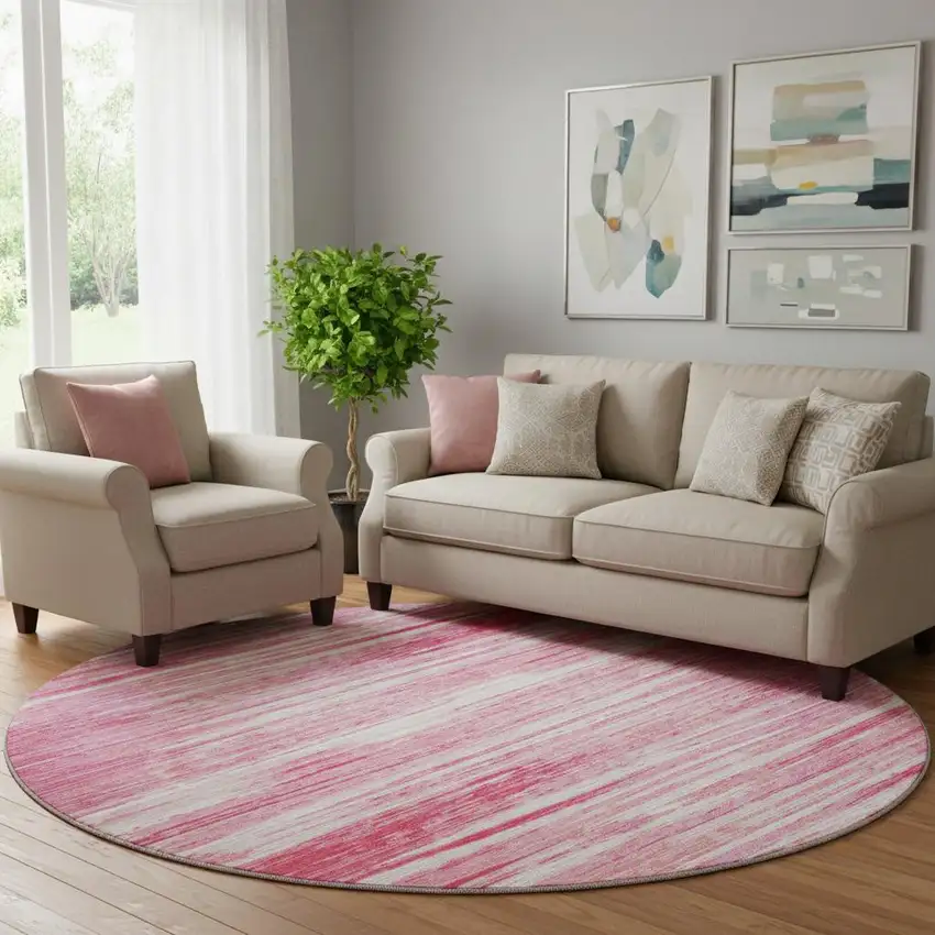 8' Pink And Ivory Striped Washable Round Rug With UV Protection Photo 1