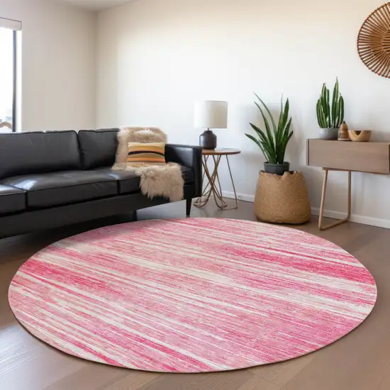 8' Pink And Ivory Striped Washable Round Rug With UV Protection Photo 5