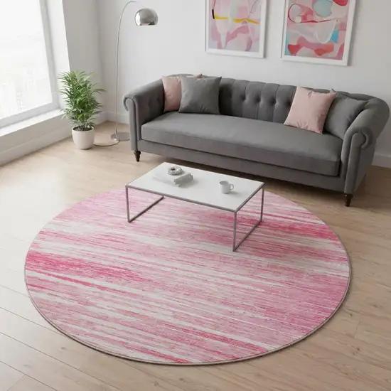 8' Pink And Ivory Striped Washable Round Rug With UV Protection Photo 2