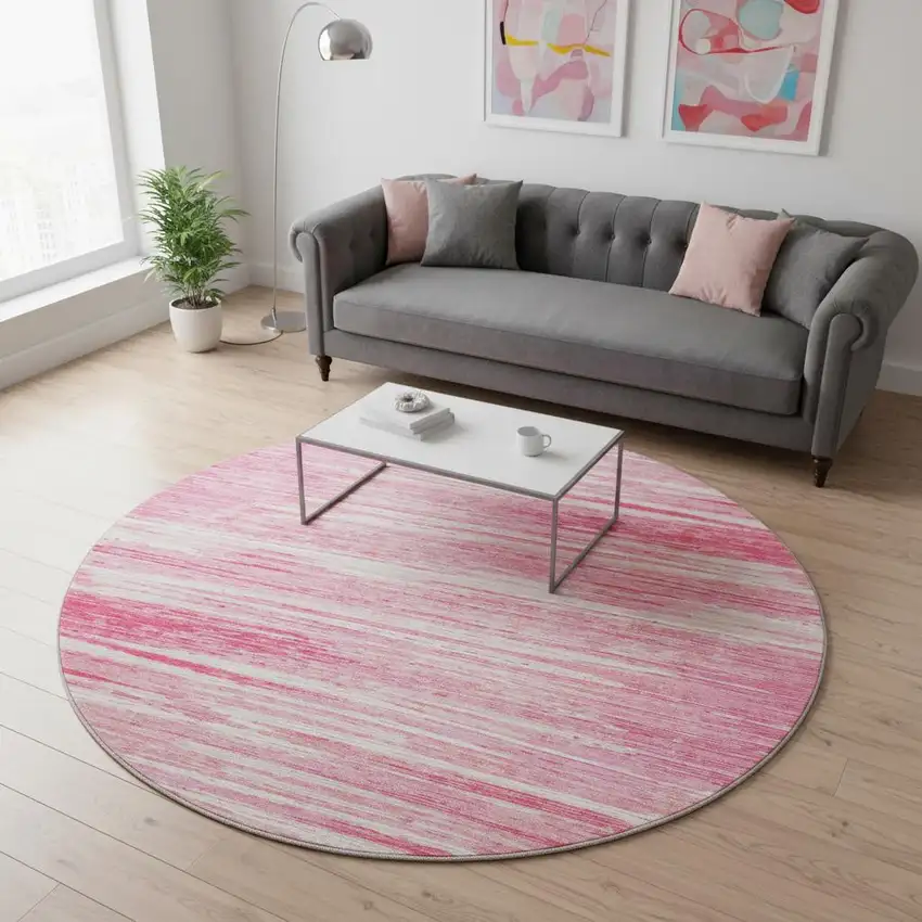 8' Pink And Ivory Striped Washable Round Rug With UV Protection Photo 2