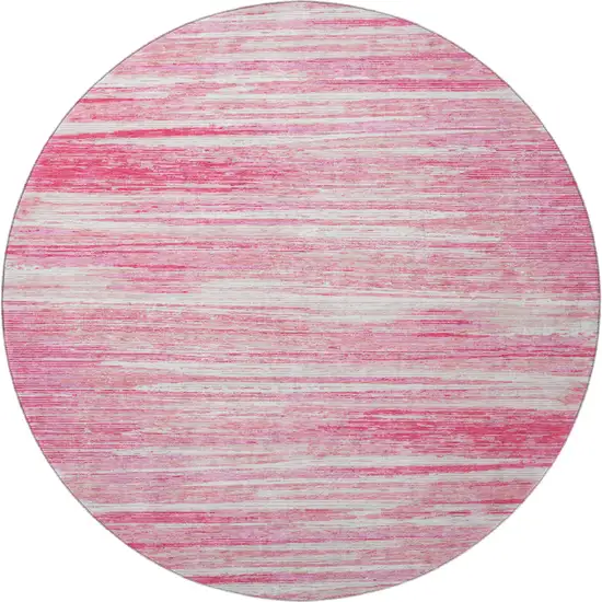 8' Pink And Ivory Striped Washable Round Rug With UV Protection Photo 4