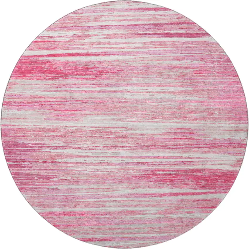 8' Pink And Ivory Striped Washable Round Rug With UV Protection Photo 4