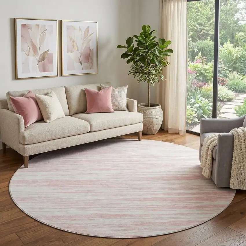 8' Pink And Ivory Striped Washable Round Rug With UV Protection Photo 1