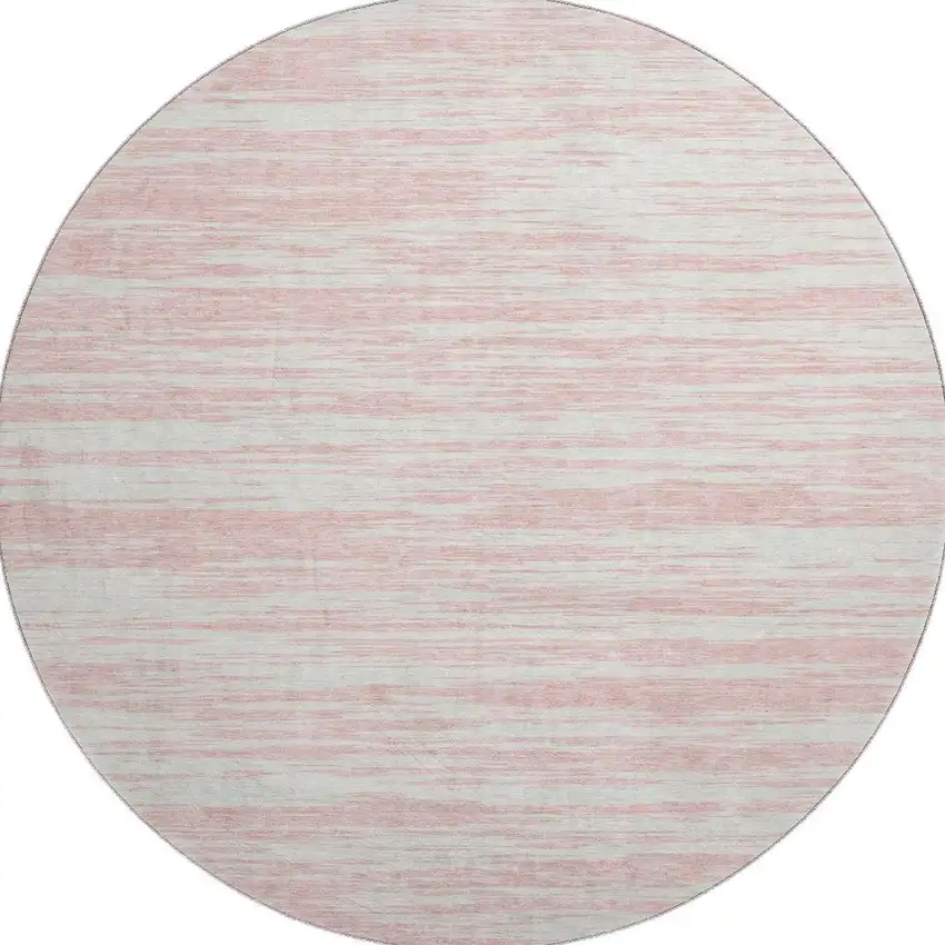 8' Pink And Ivory Striped Washable Round Rug With UV Protection Photo 3