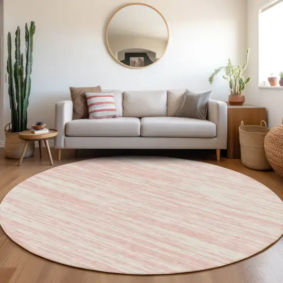 8' Pink And Ivory Striped Washable Round Rug With UV Protection Photo 4
