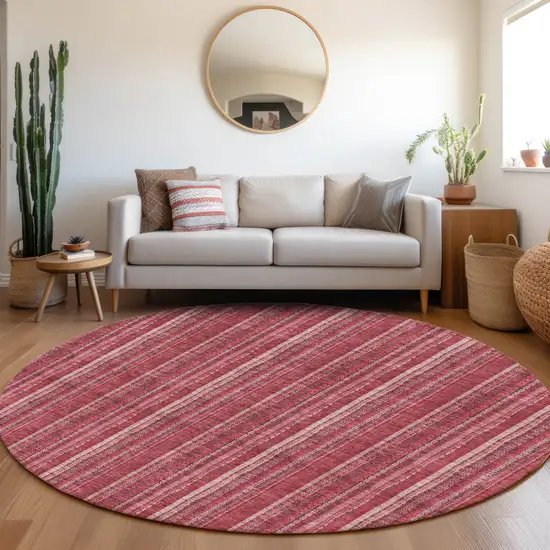 8' Pink And Ivory Striped Washable Round Rug With UV Protection Photo 3