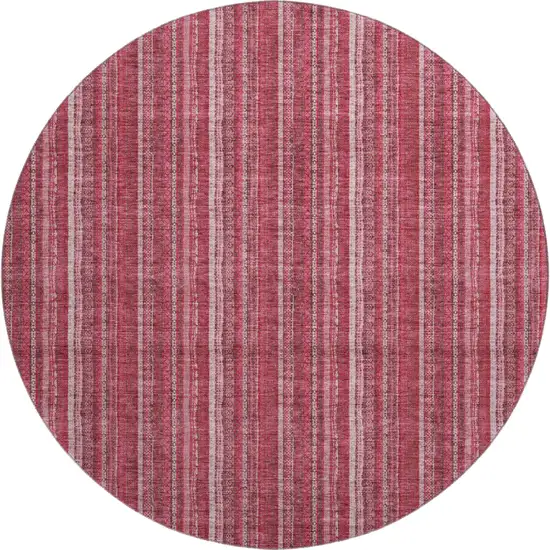 8' Pink And Ivory Striped Washable Round Rug With UV Protection Photo 1