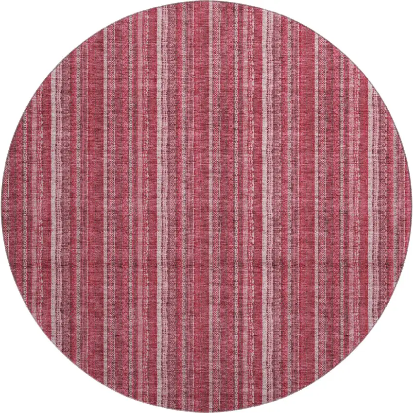 8' Pink And Ivory Striped Washable Round Rug With UV Protection Photo 1