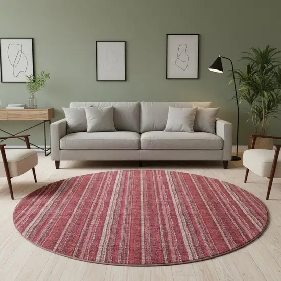 8' Pink And Ivory Striped Washable Round Rug With UV Protection Photo 2