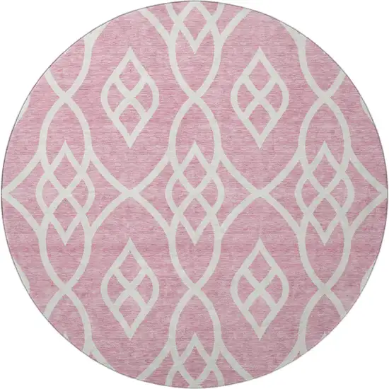 8' Pink And Ivory Trellis Washable Round Rug With UV Protection Photo 4