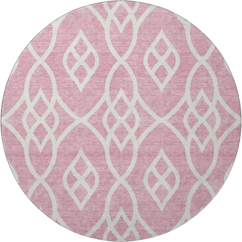 8' Pink And Ivory Trellis Washable Round Rug With UV Protection Photo 4