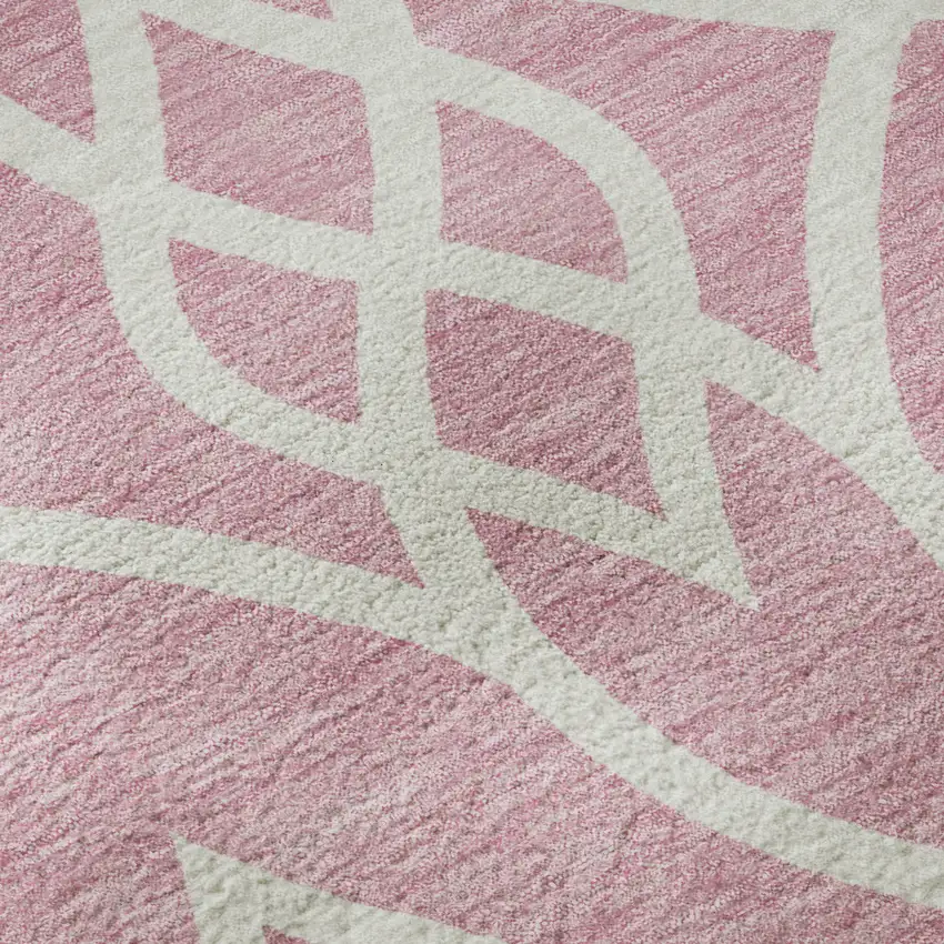 8' Pink And Ivory Trellis Washable Round Rug With UV Protection Photo 9