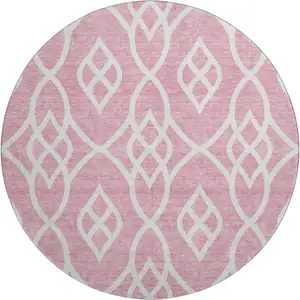 Photo of 8' Pink And Ivory Trellis Washable Round Rug With UV Protection