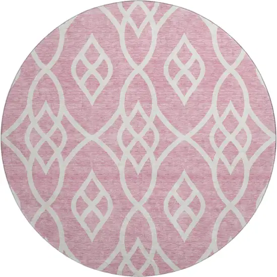 8' Pink And Ivory Trellis Washable Round Rug With UV Protection Photo 1
