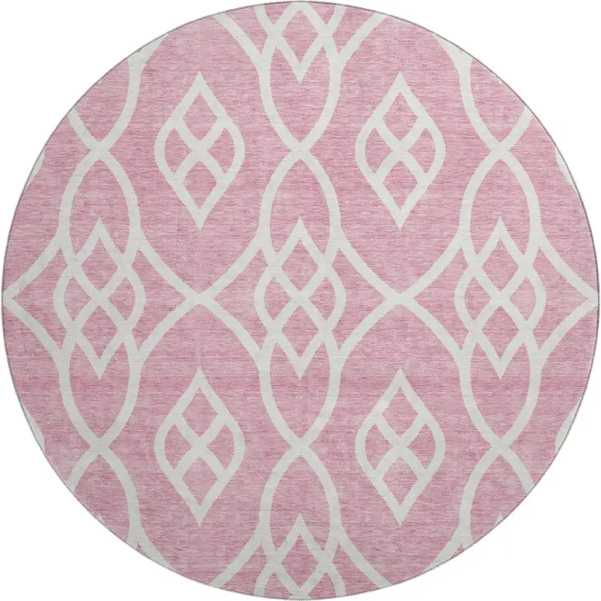 8' Pink And Ivory Trellis Washable Round Rug With UV Protection Photo 1