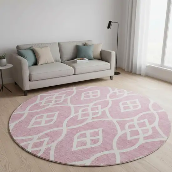 8' Pink And Ivory Trellis Washable Round Rug With UV Protection Photo 2