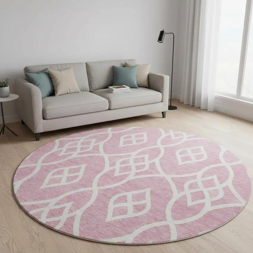 8' Pink And Ivory Trellis Washable Round Rug With UV Protection Photo 2