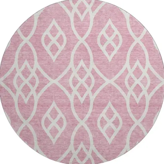 8' Pink And Ivory Trellis Washable Round Rug With UV Protection Photo 3