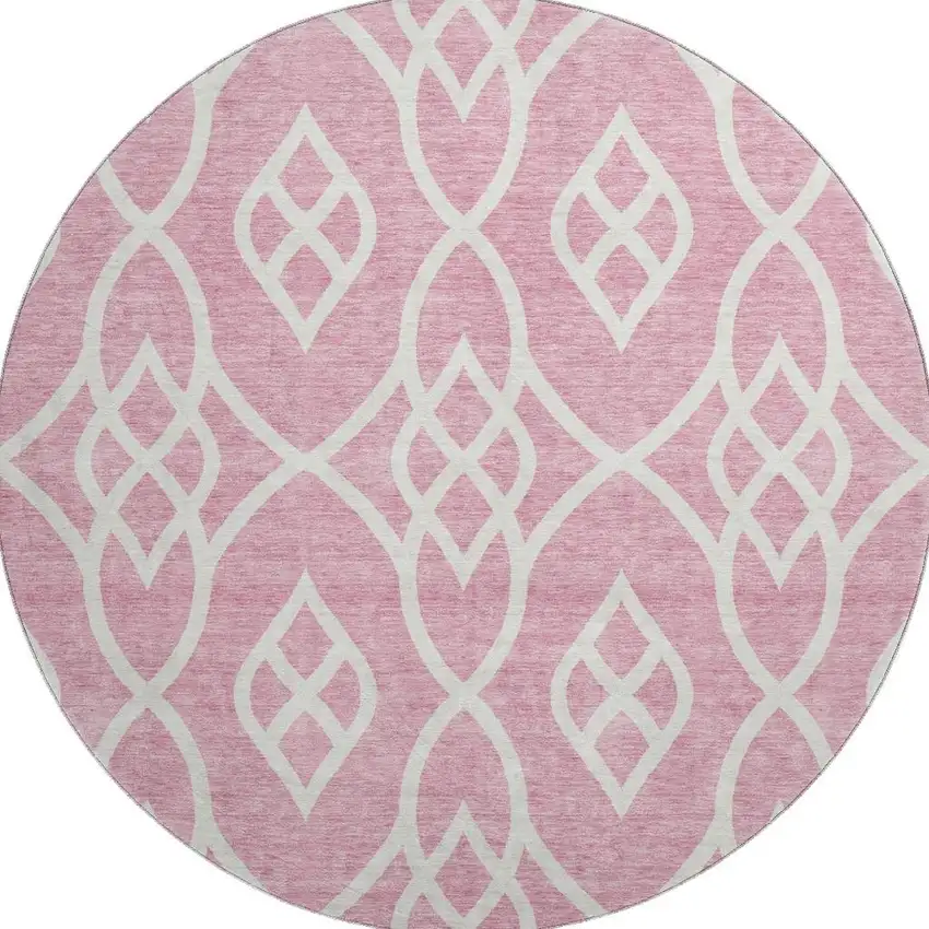 8' Pink And Ivory Trellis Washable Round Rug With UV Protection Photo 3