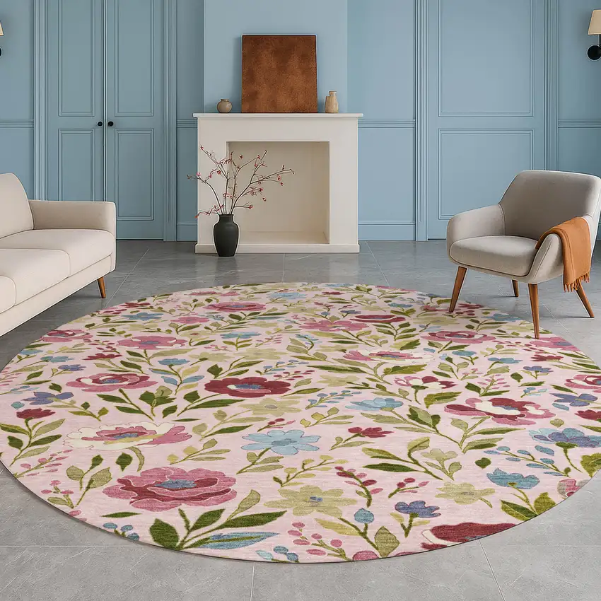 8' Pink And Linen Round Floral Washable Indoor Outdoor Area Rug Photo 5