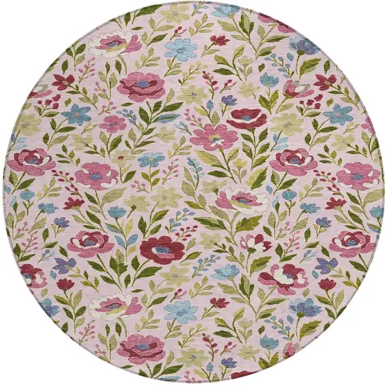 8' Pink And Linen Round Floral Washable Indoor Outdoor Area Rug Photo 2