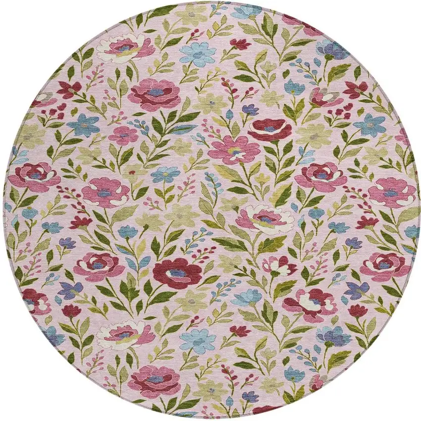 8' Pink And Linen Round Floral Washable Indoor Outdoor Area Rug Photo 2