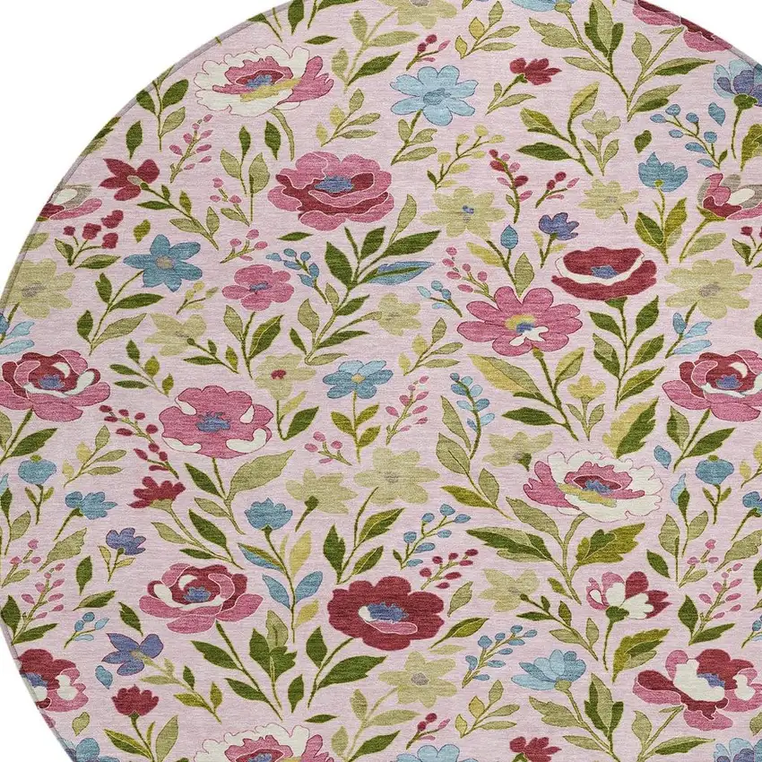 8' Pink And Linen Round Floral Washable Indoor Outdoor Area Rug Photo 3