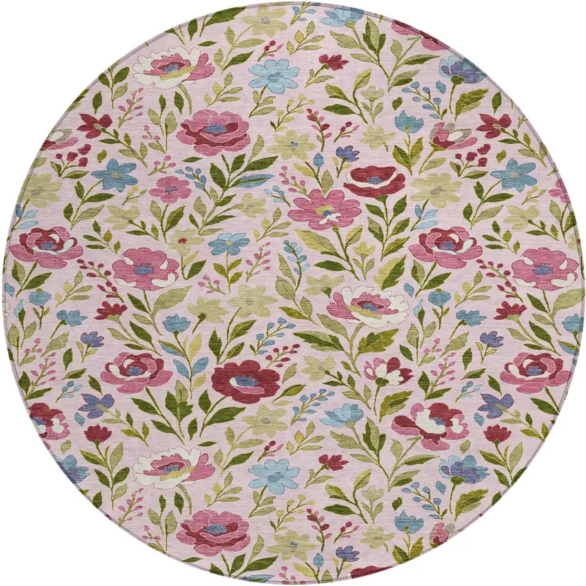 8' Pink And Linen Round Floral Washable Indoor Outdoor Area Rug Photo 1