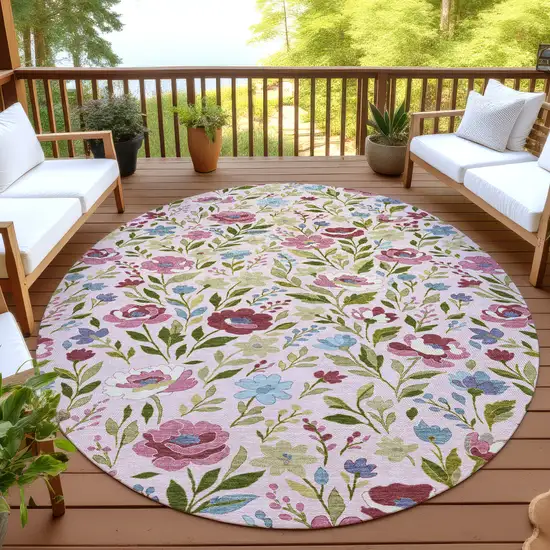 8' Pink And Linen Round Floral Washable Indoor Outdoor Area Rug Photo 4