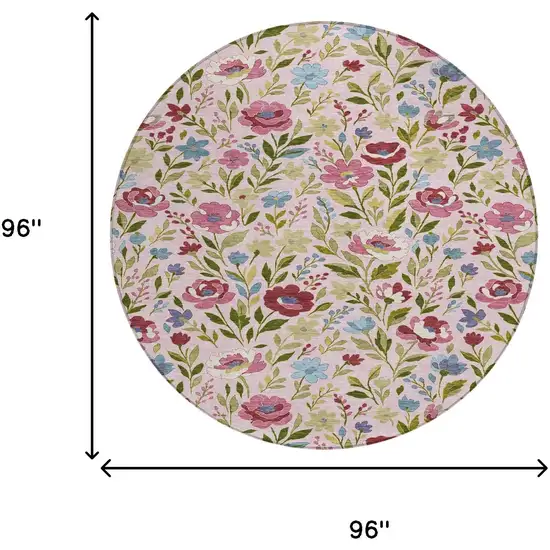 8' Pink And Linen Round Floral Washable Indoor Outdoor Area Rug Photo 8