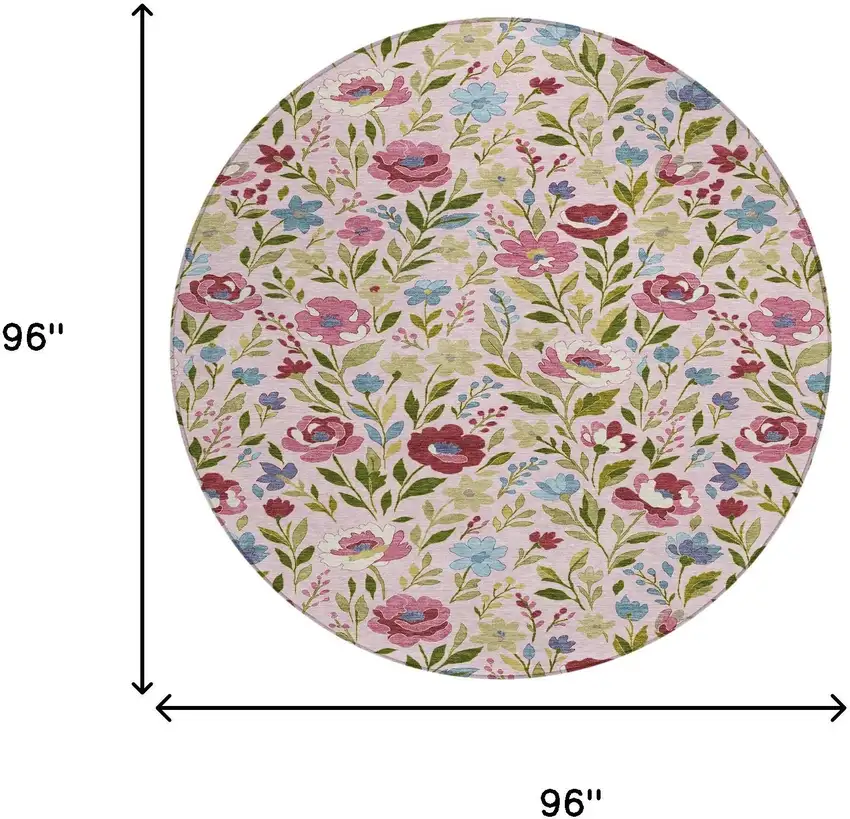 8' Pink And Linen Round Floral Washable Indoor Outdoor Area Rug Photo 8