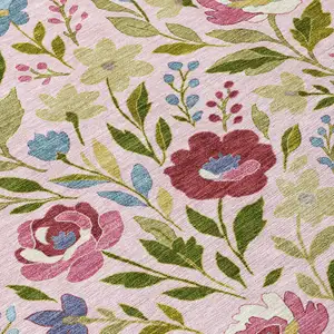 Photo of 8' Pink And Linen Round Floral Washable Indoor Outdoor Area Rug