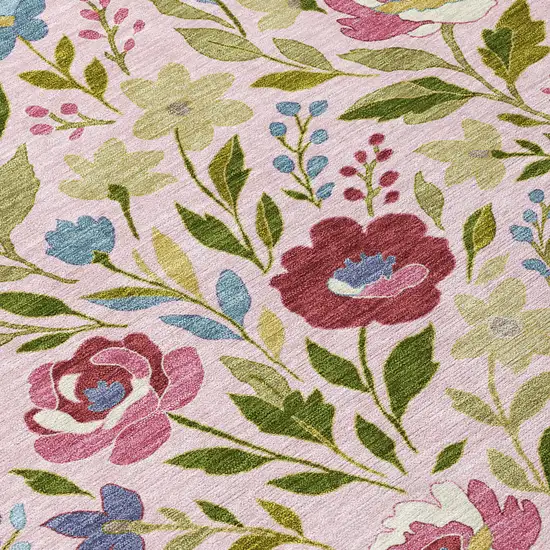 8' Pink And Linen Round Floral Washable Indoor Outdoor Area Rug Photo 7