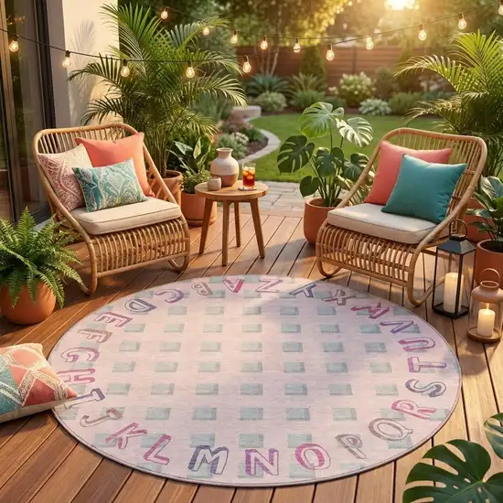 8' Pink And Linen Round Geometric Washable Indoor Outdoor Area Rug Photo 1