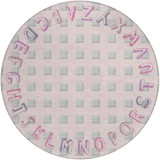 8' Pink And Linen Round Geometric Washable Indoor Outdoor Area Rug Photo 2