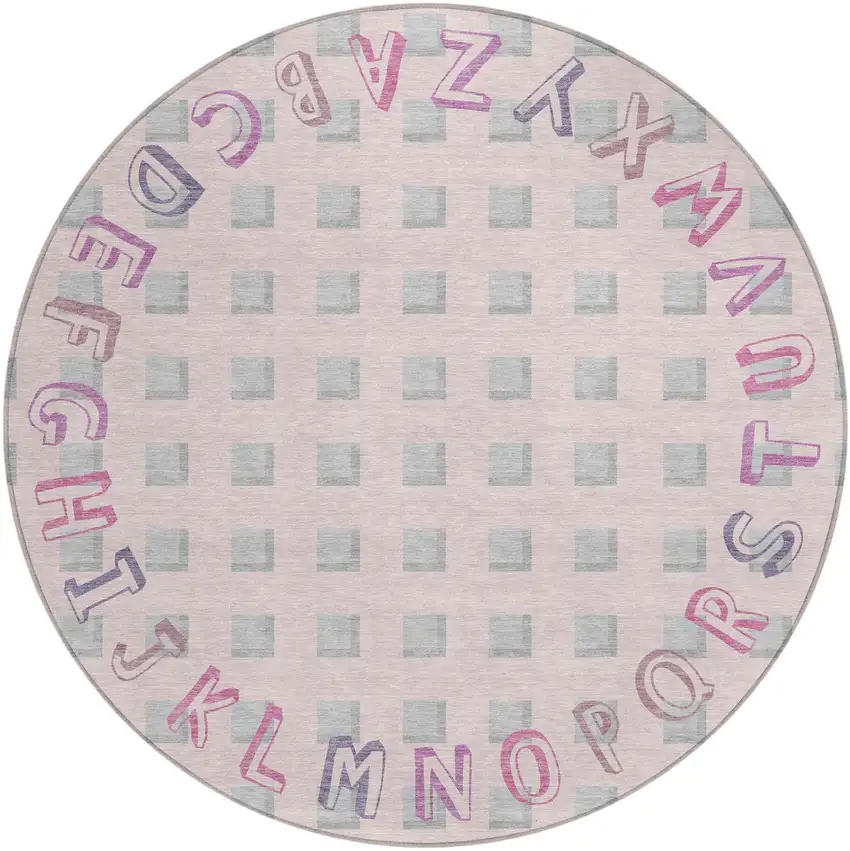 8' Pink And Linen Round Geometric Washable Indoor Outdoor Area Rug Photo 2