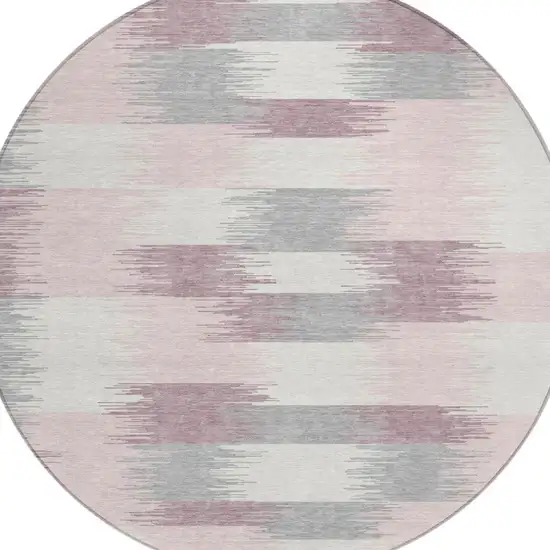 8' Pink And Linen Round Geometric Washable Indoor Outdoor Area Rug Photo 1
