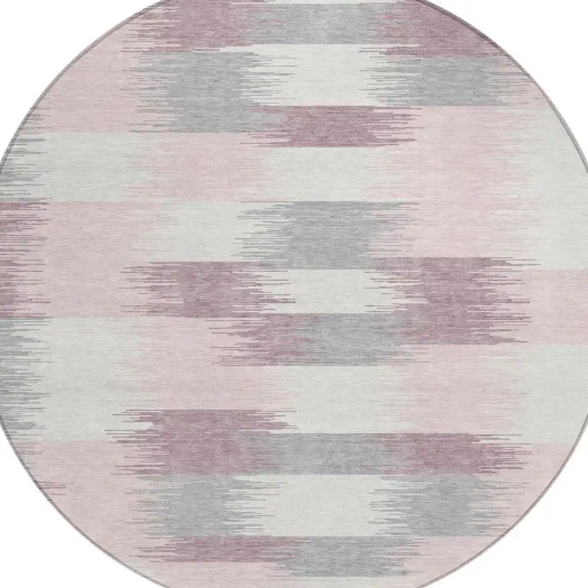 8' Pink And Linen Round Geometric Washable Indoor Outdoor Area Rug Photo 1