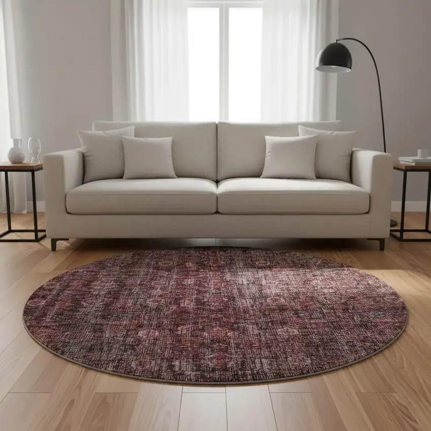 8' Pink And Mauve Damask Washable Round Rug With UV Protection Photo 2
