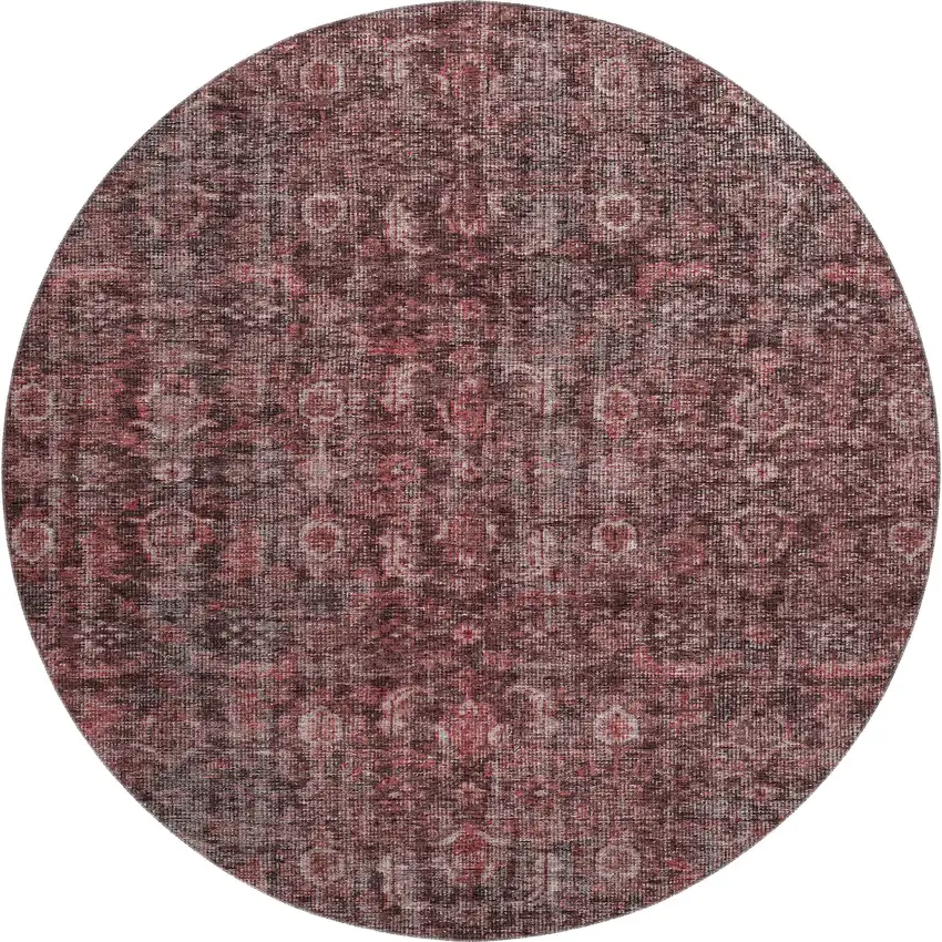 8' Pink And Mauve Damask Washable Round Rug With UV Protection Photo 1