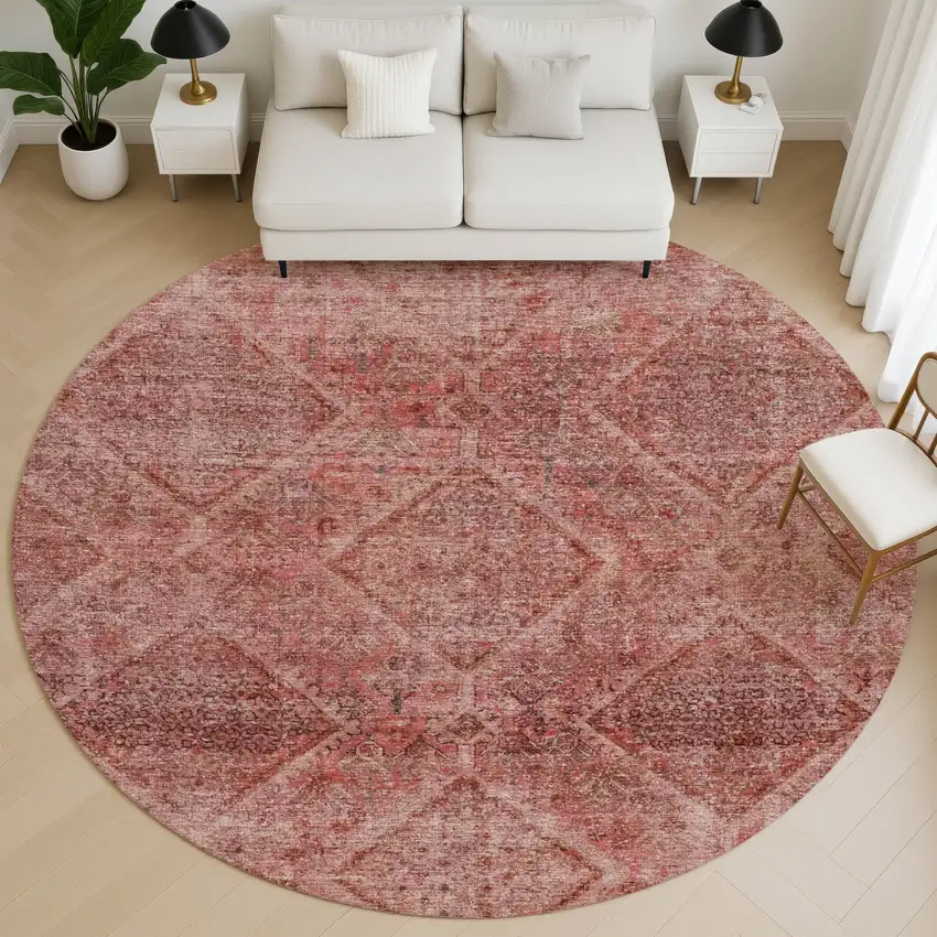 8' Pink And Mauve Geometric Washable Round Rug With UV Protection Photo 5