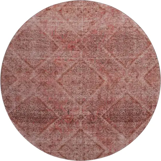 8' Pink And Mauve Geometric Washable Round Rug With UV Protection Photo 1