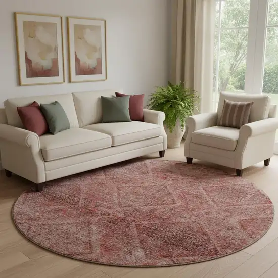 8' Pink And Mauve Geometric Washable Round Rug With UV Protection Photo 2