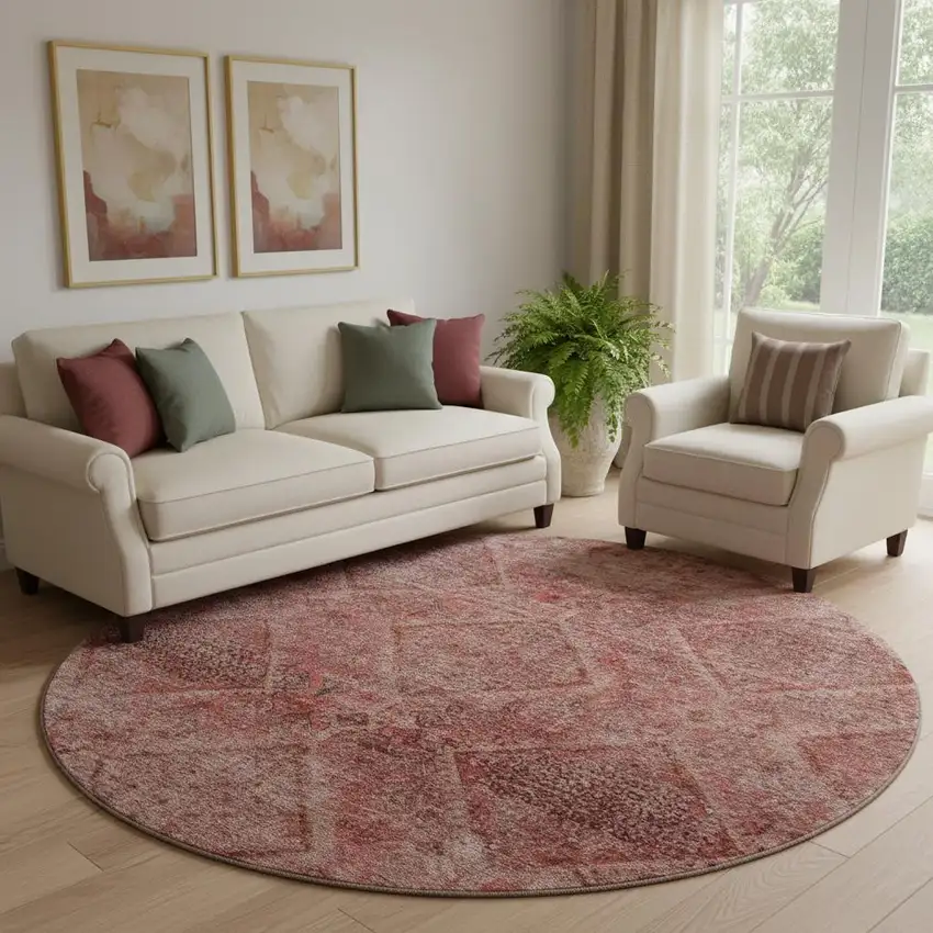 8' Pink And Mauve Geometric Washable Round Rug With UV Protection Photo 2