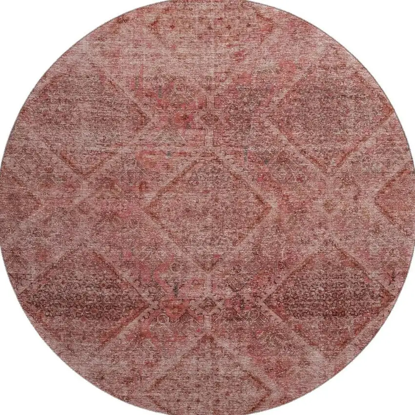 8' Pink And Mauve Geometric Washable Round Rug With UV Protection Photo 4