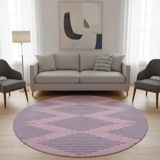 8' Pink And Navy Blue Geometric Washable Round Rug With UV Protection Photo 2